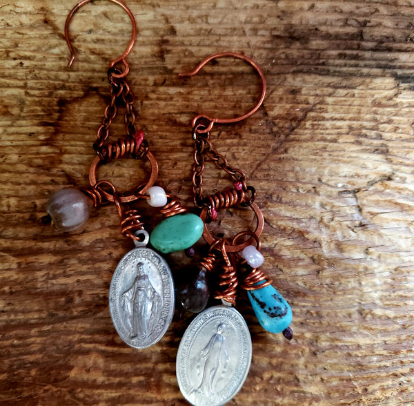 Vintage Miraculous Medal & Job's Tears Chandelier Earrings