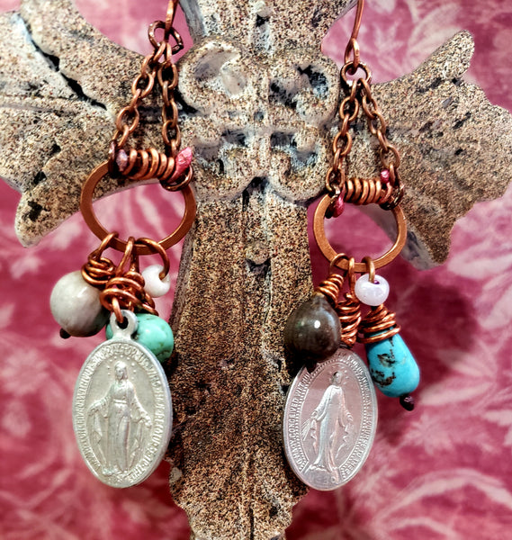 Vintage Miraculous Medal & Job's Tears Chandelier Earrings