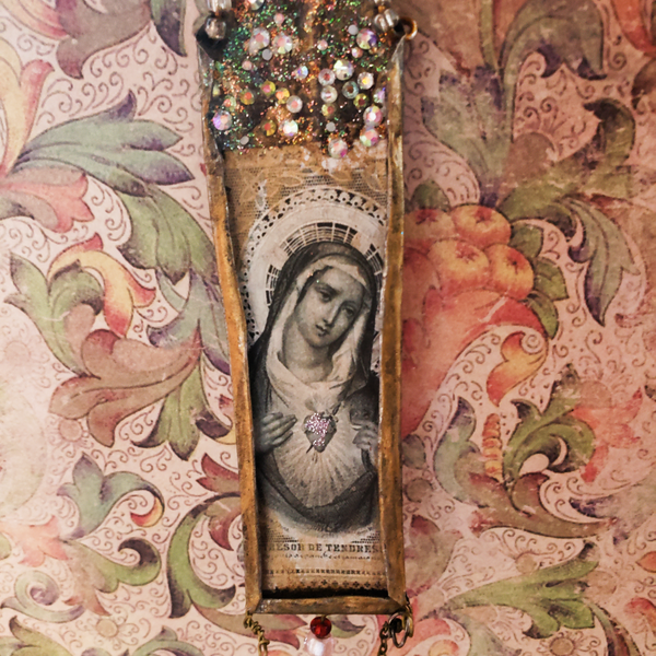 Virgin Mary Immaculate Heart Jeweled Tinwork Shrine