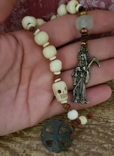 Santa Muerte Bone and Leather Chaplet, One Decade Rosary