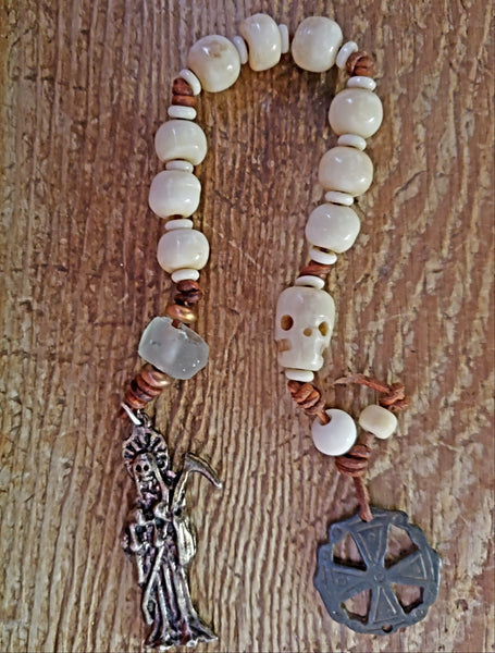 Santa Muerte Bone and Leather Chaplet, One Decade Rosary
