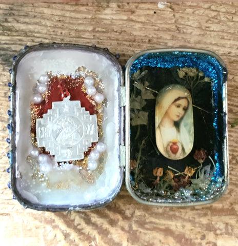Blessed Mother Pocket Shrine with Sacred Heart Tinwork