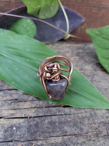Copper & Amethyst Amulet Ring, 6.5