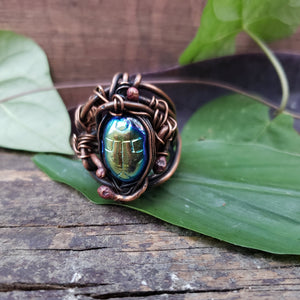 Copper Scarab Amulet Ring, 5.5