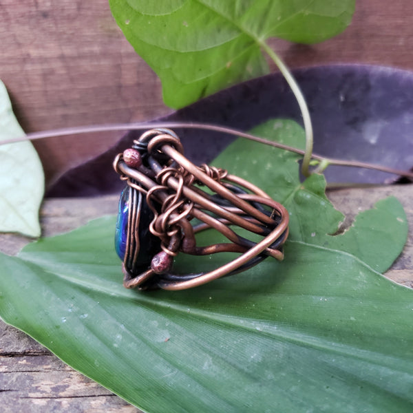 Copper Scarab Amulet Ring, 5.5