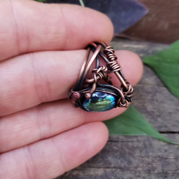 Copper Scarab Amulet Ring, 5.5