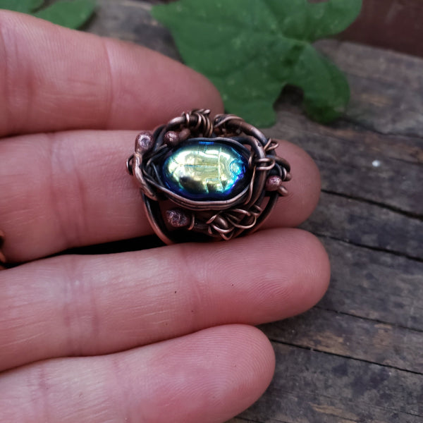 Copper Scarab Amulet Ring, 5.5