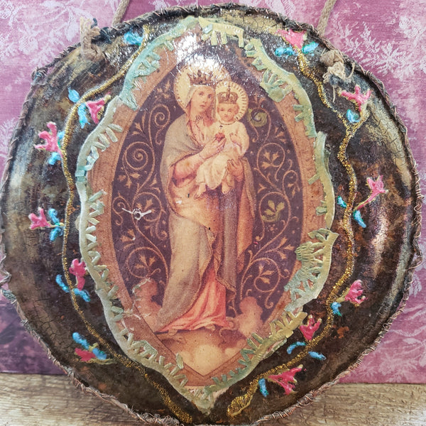 Madonna and Child Round Tinwork Shrine, Vintage Patina