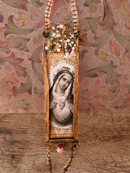 Virgin Mary Immaculate Heart Jeweled Tinwork Shrine