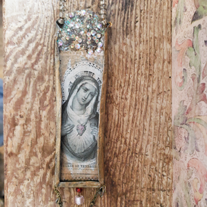 Virgin Mary Immaculate Heart Jeweled Tinwork Shrine