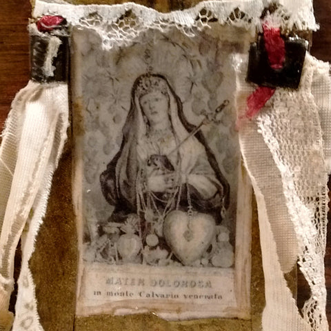 Mother of Sorrows Pearl & Vintage Lace Tin Shrine Ornament
