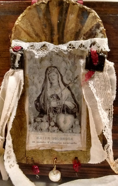 Mother of Sorrows Pearl & Vintage Lace Tin Shrine Ornament