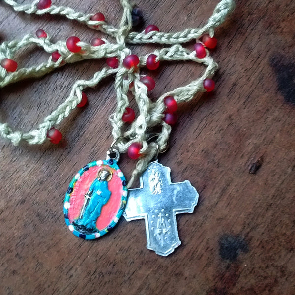 St. Dymphna Handpainted Medal, Beaded Crochet Necklace, Four Way Cross