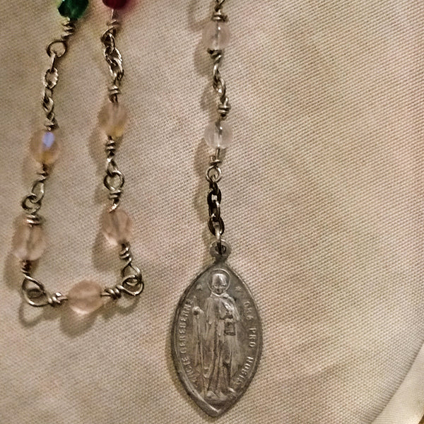 St. Dymphna Chaplet - Rose Quartz, Czech Glass, Vintage Medal