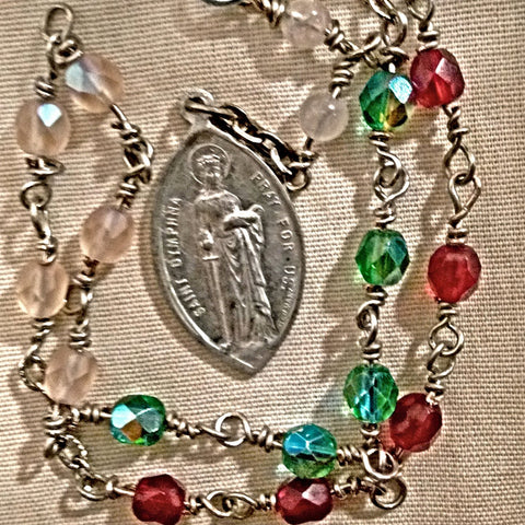 St. Dymphna Chaplet - Rose Quartz, Czech Glass, Vintage Medal