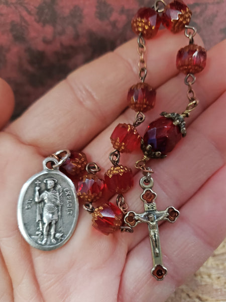St. Expedite Chaplet - 8mm Czech Glass Cathedral Beads, Enamel Cross