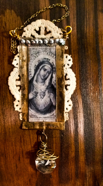Virgin Mary Immaculate Heart Shrine Ornament, Vintage Patina